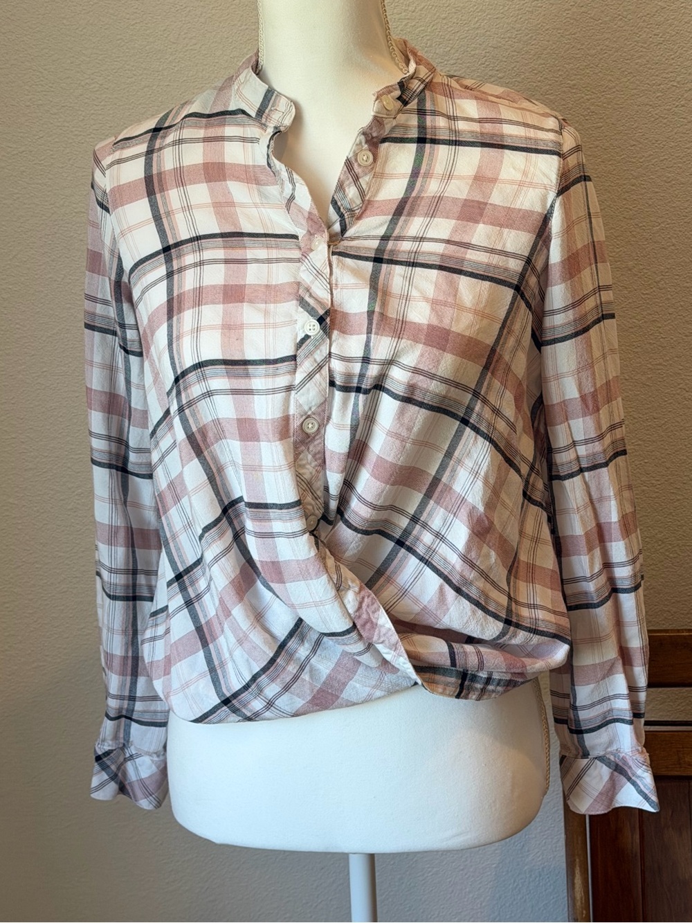 Daniel Cremieux Blush Plaid Button-Front Wrap Blouse Womens S/M